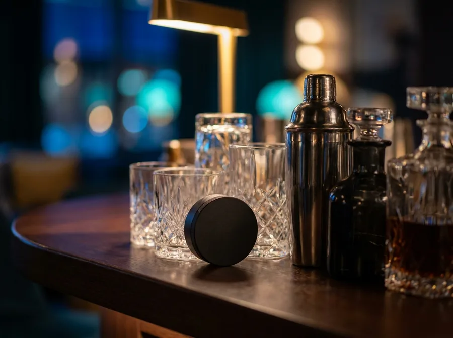 A discreet matte-black camera puck resting among barware on a dark bar top