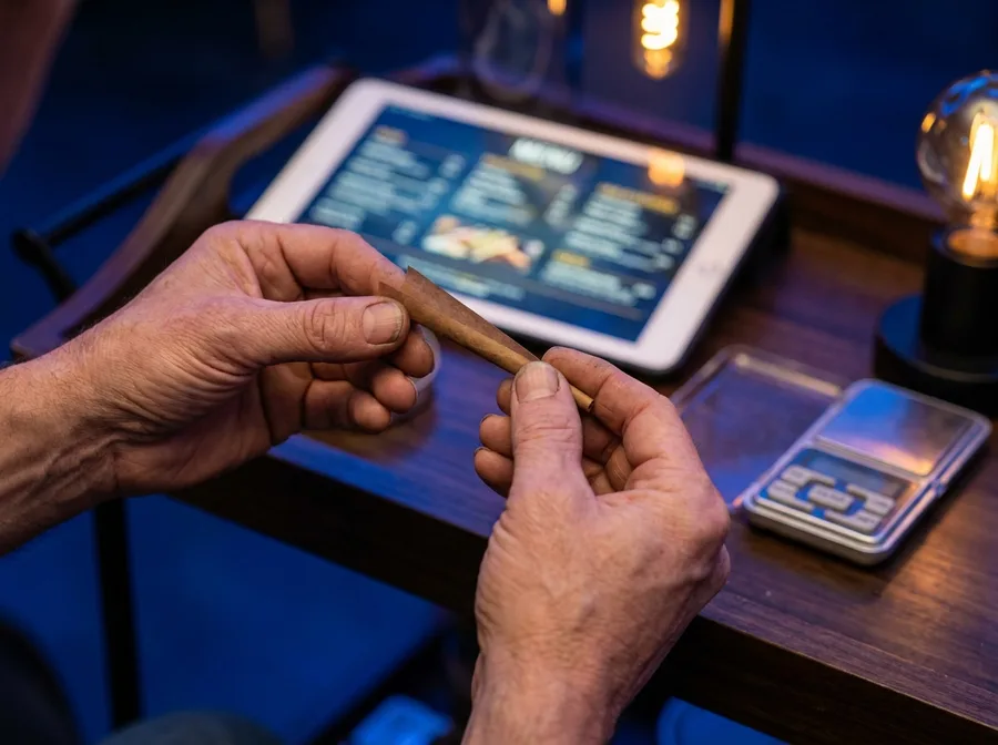 Hands finishing a handcrafted cone at a tableside station, the tablet and scale working behind them