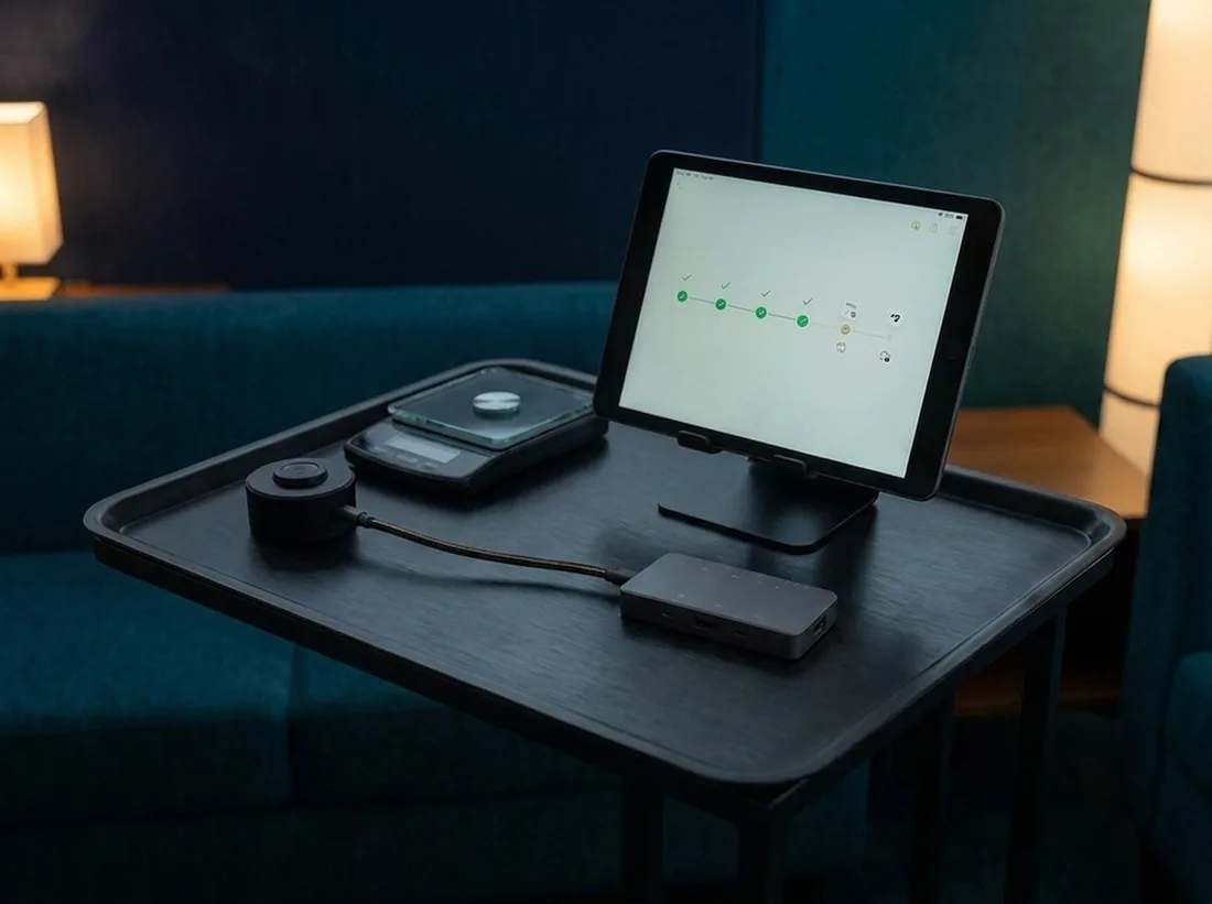 The Lounge Trace kit staged on a dark service tray in a dim lounge — small, tidy, and ready to work