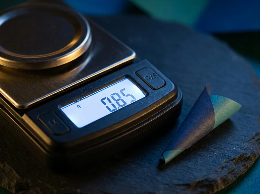 Macro close-up of a precision scale reading 0.85 grams beside a slim handcrafted paper cone