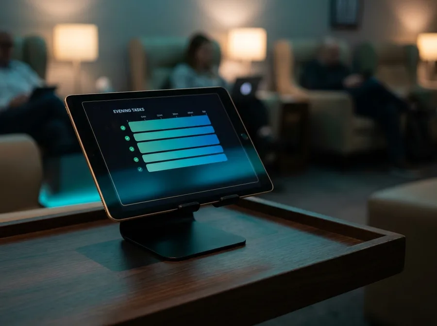 A tablet on a low stand in a quiet lounge showing an evening checklist of verified service moments